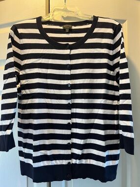 Talbots Navy and White Striped Crewneck Three-Quarter Sleeve Cardigan